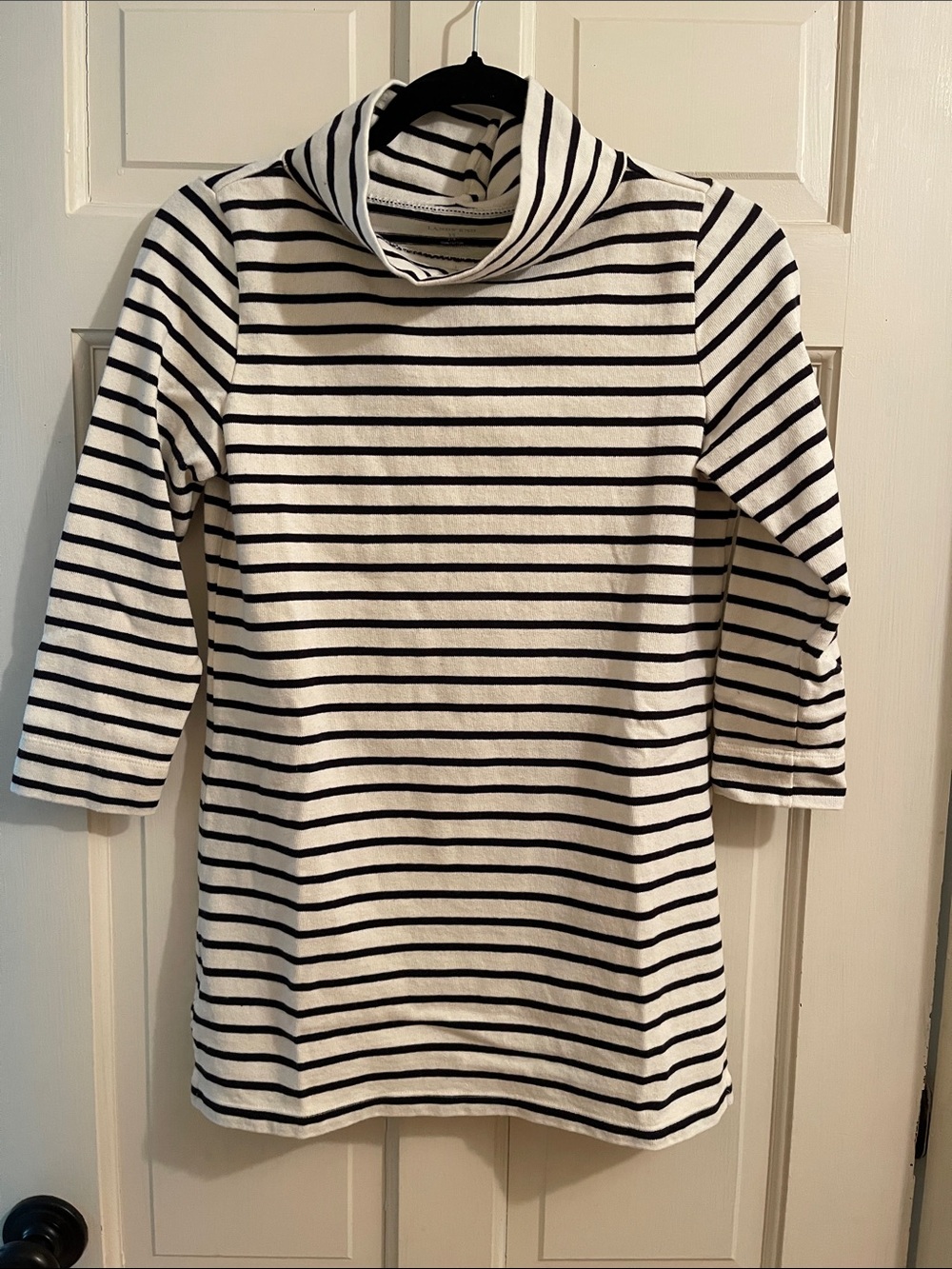 Lands' End Women's White and Black Striped Mock Turtleneck Top